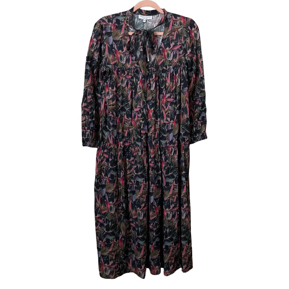 Taylor Tillman Dress Womens Small Black Pink Midi Ava Abstract Floral Tiered NWT